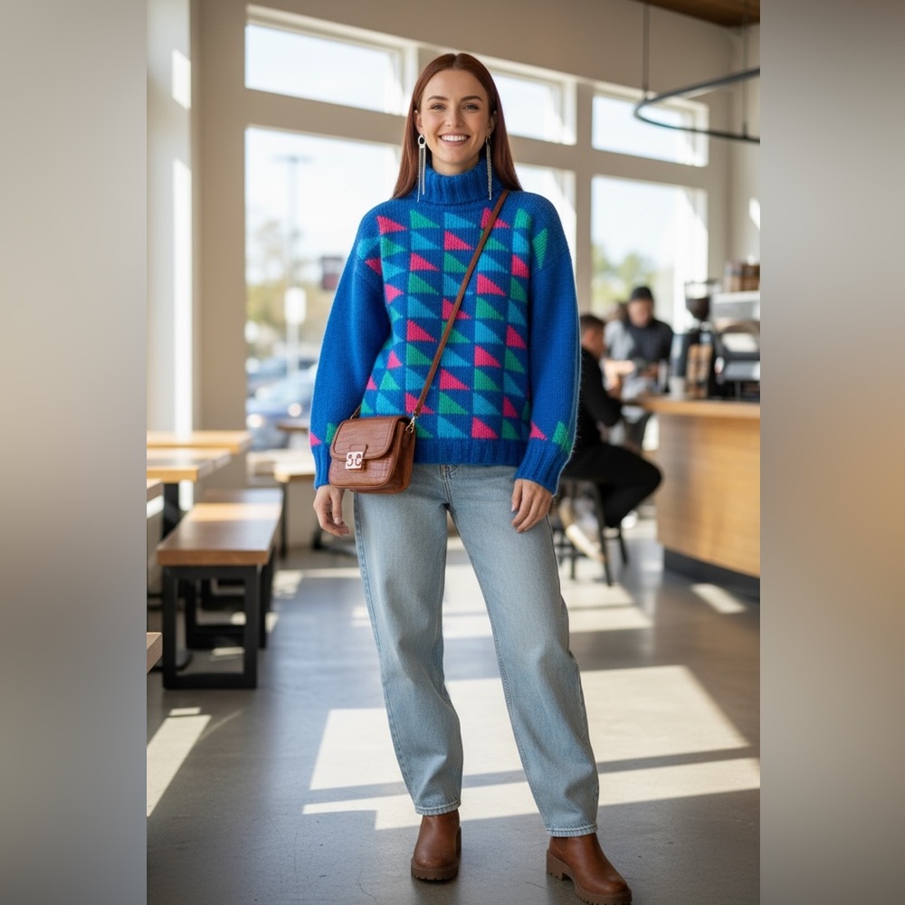 Blue Geometric Turtleneck Sweater - Women